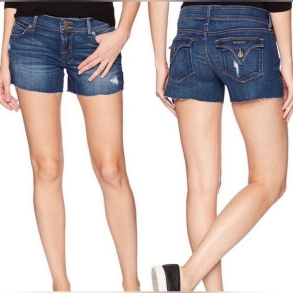 ☔️🔹️Hudson Blue Denim Raw Hem Buttoned Pocket Shorts Size 6/28 - Picture 1 of 12